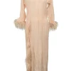 Neutral feather-trimmed crinkle silk chiffon cropped sleeve midi dress featuring keyhole-back bodice and tulip skirt