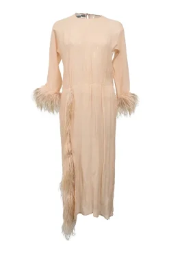 Neutral feather-trimmed crinkle silk chiffon cropped sleeve midi dress featuring keyhole-back bodice and tulip skirt
