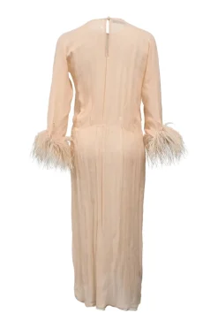 Neutral feather-trimmed crinkle silk chiffon cropped sleeve midi dress featuring keyhole-back bodice and tulip skirt