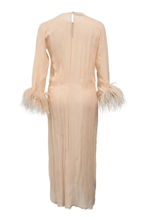 Neutral feather-trimmed crinkle silk chiffon cropped sleeve midi dress featuring keyhole-back bodice and tulip skirt