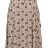 Neutral floral print pull-on A-line midi skirt with shirred waistband