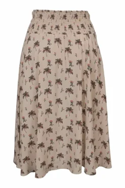 Neutral floral print pull-on A-line midi skirt with shirred waistband