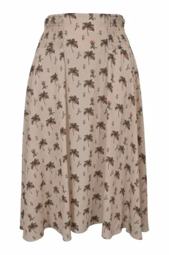 Neutral floral print pull-on A-line midi skirt with shirred waistband