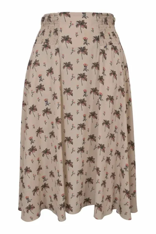 Neutral floral print pull-on A-line midi skirt with shirred waistband