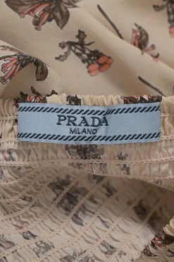 Neutral floral print pull-on A-line midi skirt with shirred waistband