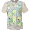 Neutral floral-embroidered short sleeve zip-back crewneck top