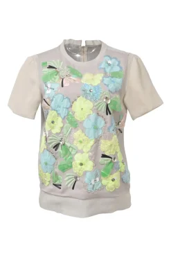Neutral floral-embroidered short sleeve zip-back crewneck top