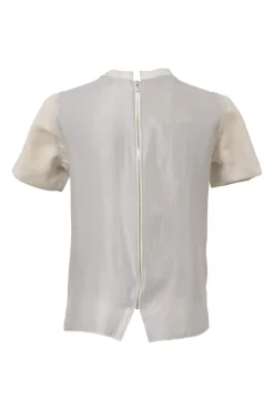 Neutral floral-embroidered short sleeve zip-back crewneck top