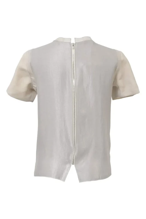 Neutral floral-embroidered short sleeve zip-back crewneck top