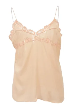 Neutral lace-trimmed plunge neck slip-style camisole with fixed tubular straps