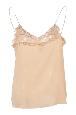 Neutral lace-trimmed plunge neck slip-style camisole with fixed tubular straps