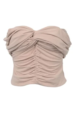 Neutral polyester-blend twist-front ruched jersey knit off-shoulder top