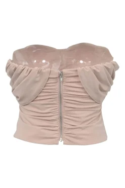 Neutral polyester-blend twist-front ruched jersey knit off-shoulder top