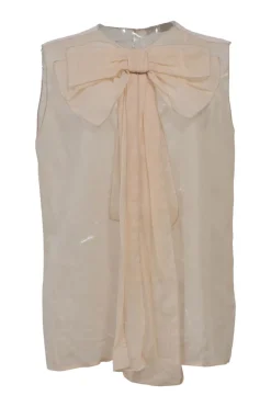 Neutral semi-sheer cotton-blend bow-embellished sleeveless blouse
