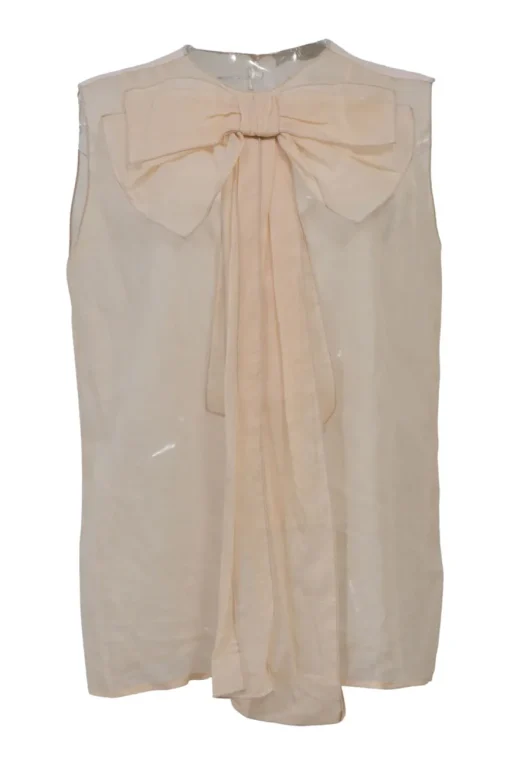 Neutral semi-sheer cotton-blend bow-embellished sleeveless blouse