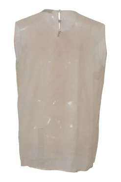 Neutral semi-sheer cotton-blend bow-embellished sleeveless blouse