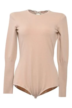 Neutral wool-blend double-knit long sleeve keyhole back bodysuit