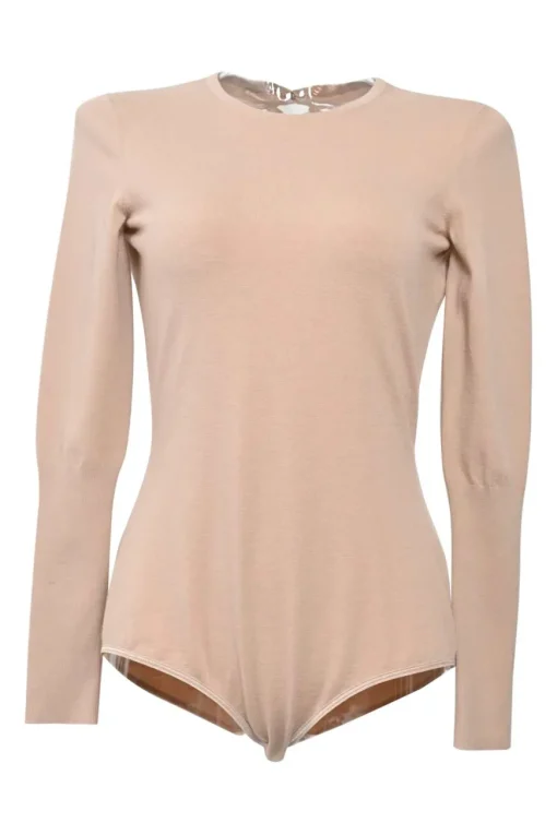 Neutral wool-blend double-knit long sleeve keyhole back bodysuit