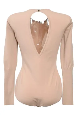 Neutral wool-blend double-knit long sleeve keyhole back bodysuit