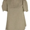 Nude short sleeve top with gold embroidered polka dot stripes