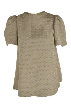 Nude short sleeve top with gold embroidered polka dot stripes
