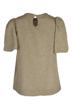 Nude short sleeve top with gold embroidered polka dot stripes