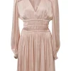 Nude silk satin long-sleeve smocked waist V-neck mini dress with ruffle details