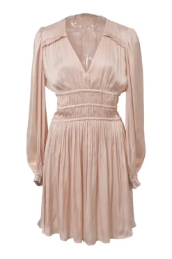 Nude silk satin long-sleeve smocked waist V-neck mini dress with ruffle details
