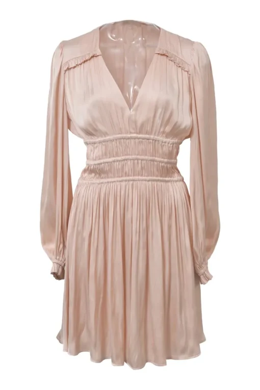 Nude silk satin long-sleeve smocked waist V-neck mini dress with ruffle details