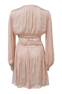 Nude silk satin long-sleeve smocked waist V-neck mini dress with ruffle details