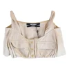 Oatmeal viscose-linen blend button front cold shoulder crop top