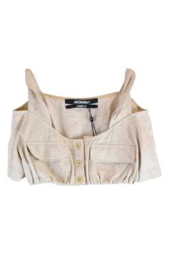 Oatmeal viscose-linen blend button front cold shoulder crop top
