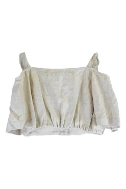 Oatmeal viscose-linen blend button front cold shoulder crop top