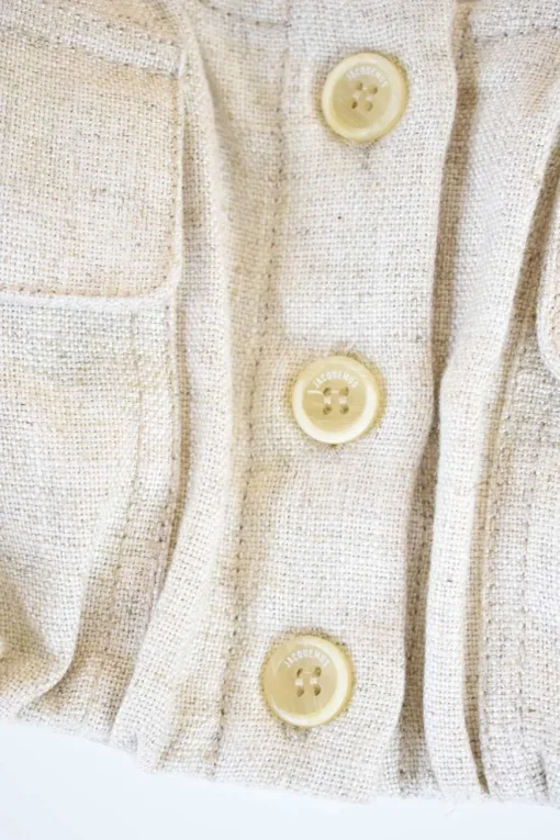 Oatmeal viscose-linen blend button front cold shoulder crop top