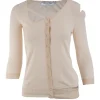 Off white cashmere and silk cold shoulder sweater with snap buttons.