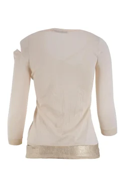 Off white cashmere and silk cold shoulder sweater with snap buttons.