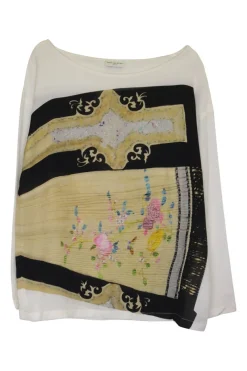 Off white silk boatneck pullover floral pleated top