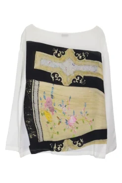 Off white silk boatneck pullover floral pleated top