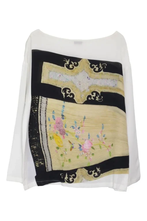 Off white silk boatneck pullover floral pleated top