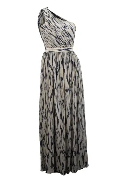 Off-white and grey silk one-shoulder gown with ruched bodice and organic print