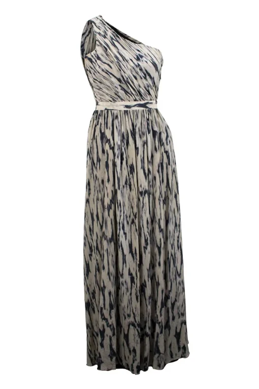 Off-white and grey silk one-shoulder gown with ruched bodice and organic print