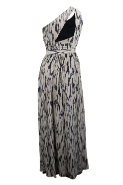 Off-white and grey silk one-shoulder gown with ruched bodice and organic print