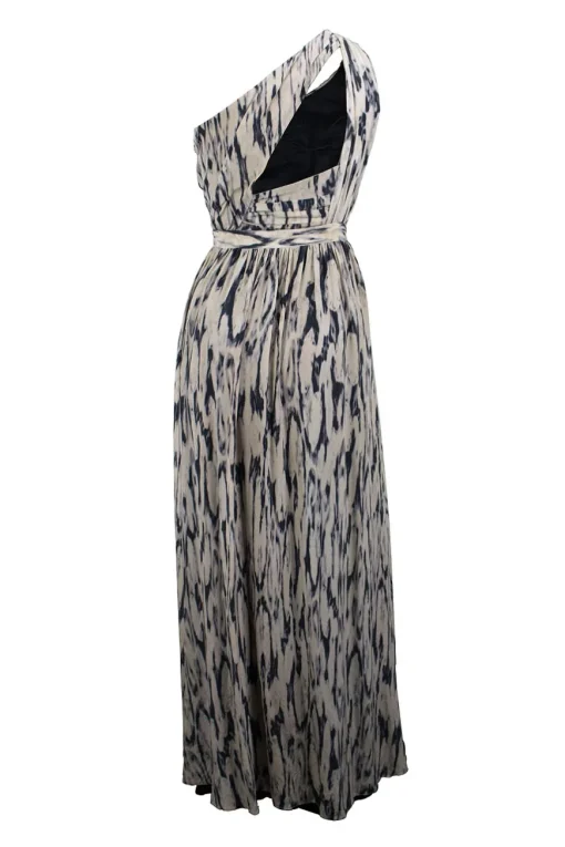 Off-white and grey silk one-shoulder gown with ruched bodice and organic print