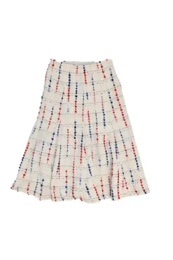 Off-white and navy bouclé tweed pull-on gored midi skirt with godet inserts