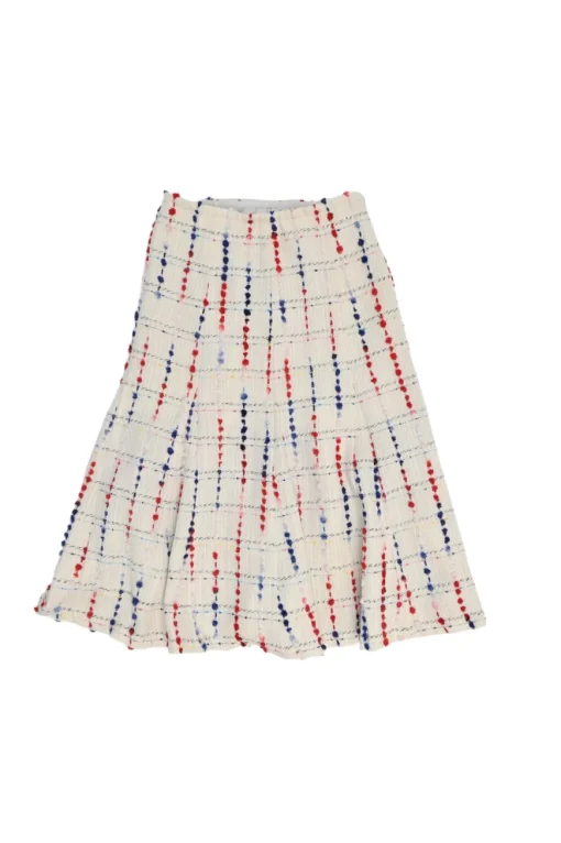 Off-white and navy bouclé tweed pull-on gored midi skirt with godet inserts