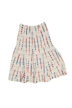 Off-white and navy bouclé tweed pull-on gored midi skirt with godet inserts