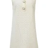 Off-White cotton eyelet crochet crew neck sleeveless pull-over shift mini dress embellished with oversized rhinestone buttons on front placket