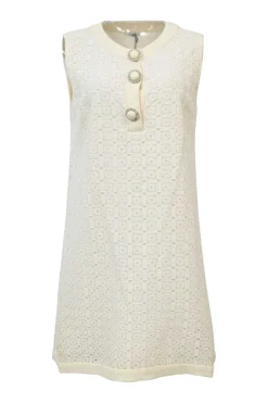 Off-White cotton eyelet crochet crew neck sleeveless pull-over shift mini dress embellished with oversized rhinestone buttons on front placket
