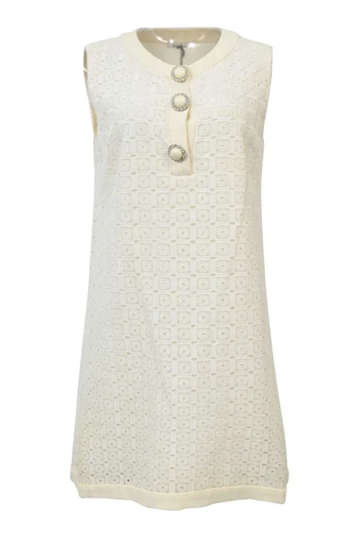 Off-White cotton eyelet crochet crew neck sleeveless pull-over shift mini dress embellished with oversized rhinestone buttons on front placket