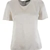 Off-white silk short-sleeved top with darting and invisible zipper back closure